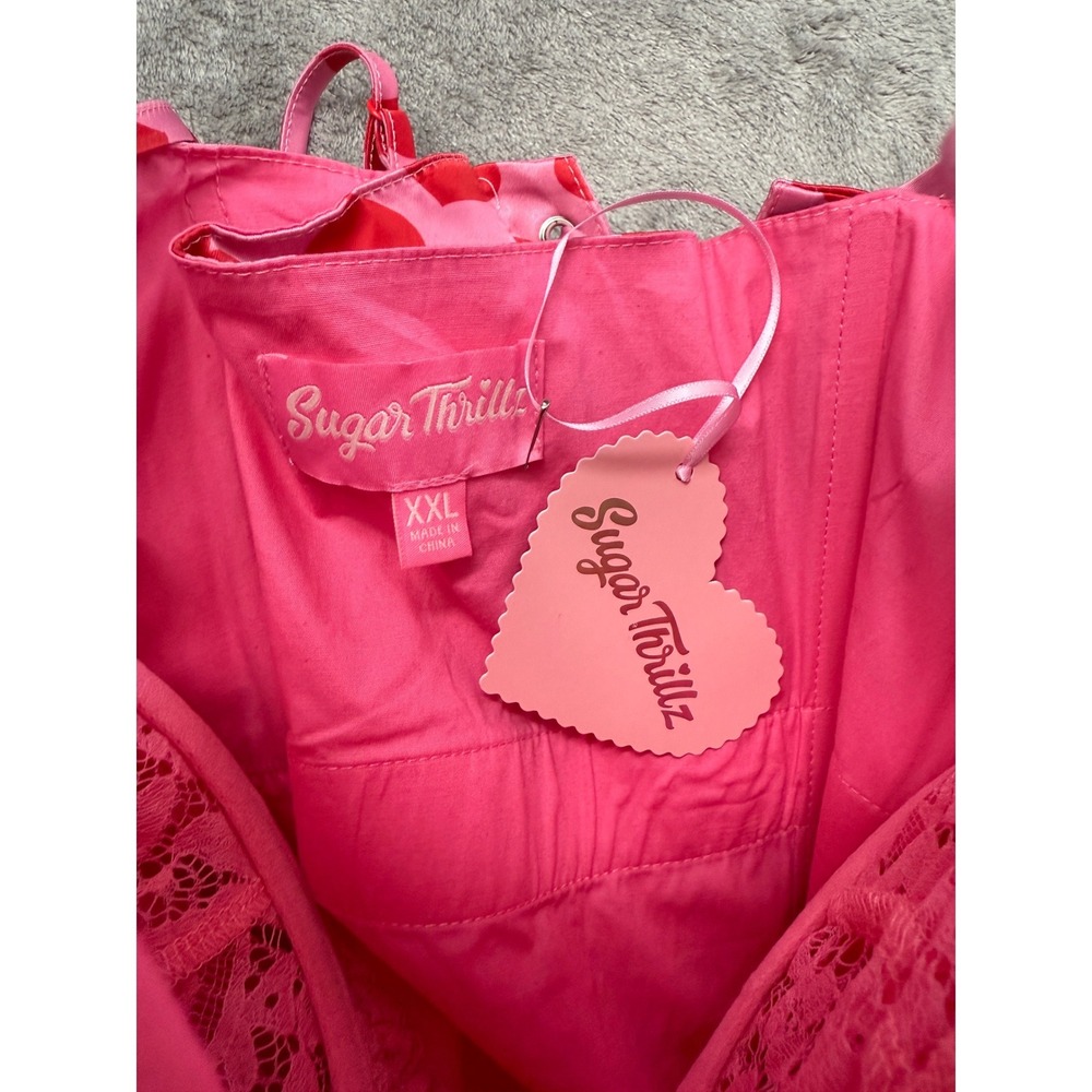 Sugar Thrillz Pink Heart Print Satin Midi Dress XXL Lace Up Corset Back - Picture 6 of 11